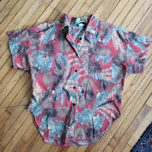 Vtg 80s Tropical Print Red, Green, Yellow Short Sleeve Shirt